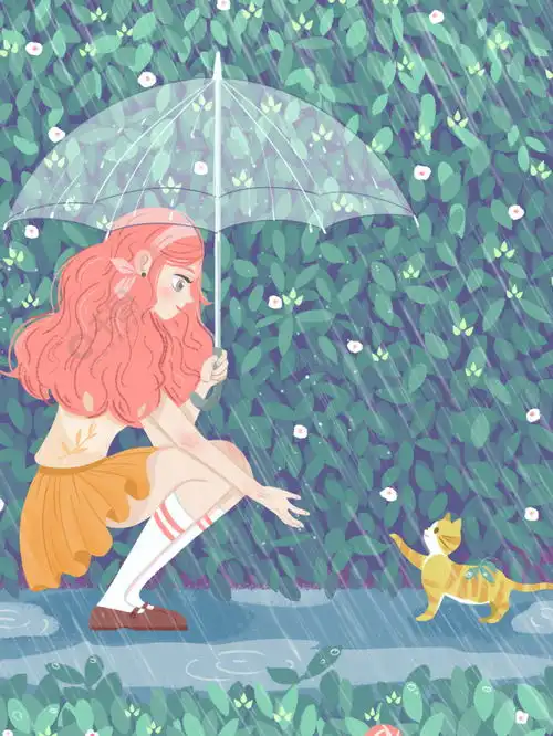 治愈系撑伞少女与猫的邂逅免费下载插画图片7087像素千图网
