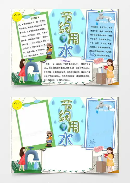 淡蓝色卡通风格节约用水手抄报电子小报模版word模板下载熊猫办公
