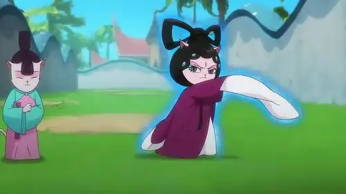 京剧猫漂亮的猫用她的袖子把小青围了起来,嘲笑她的功夫太差
