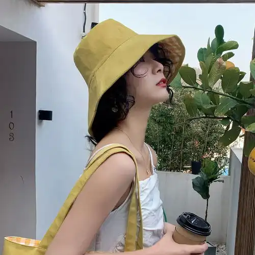 网红黄色渔夫帽女夏天韩版潮百搭日系防晒紫外线遮阳太阳帽子盆帽
