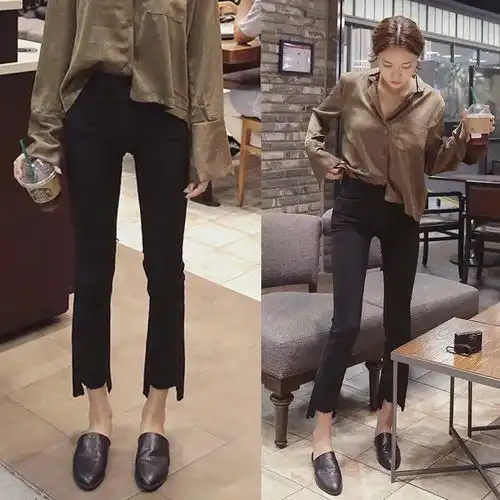 胖mm大码高腰微喇叭裤女牛仔裤黑色九分裤韩版显瘦流苏毛边阔腿裤
