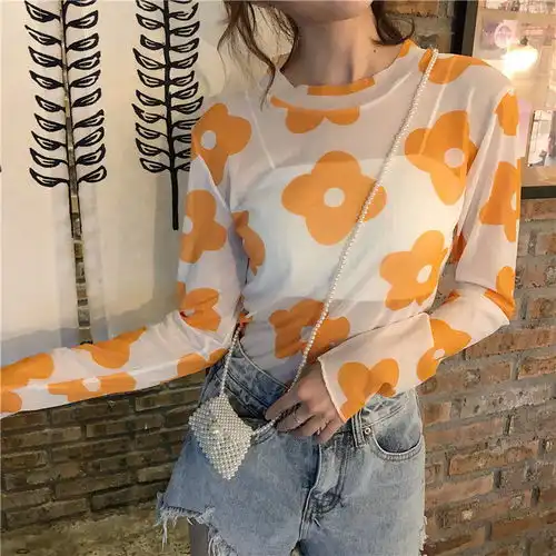 ins泫雅风少女网纱上衣夏修身显瘦百搭月亮薄款防晒长袖打底衫t恤
