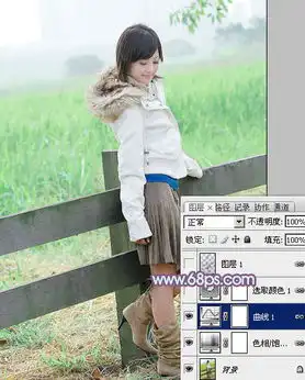 用ps如何调制淡青色田园美女图片
