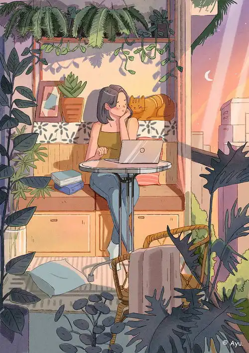 治愈系画风少女与猫咪
