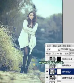 photoshop调出韩系淡青色的时尚丝袜女孩照片
