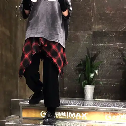 嘻哈高街下摆假格子衬衫下摆分层装饰衬衫潮系腰部衬衫男女飘带
