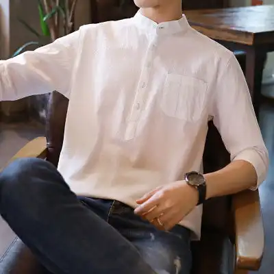 衬衫男士夏季韩版潮流帅气休闲百搭亚麻上衣七分短袖男装白色衬衣
