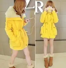 2012秋冬时尚新款女装显肤色的糖果嫩黄色温暖抽带棉服棉衣a49
