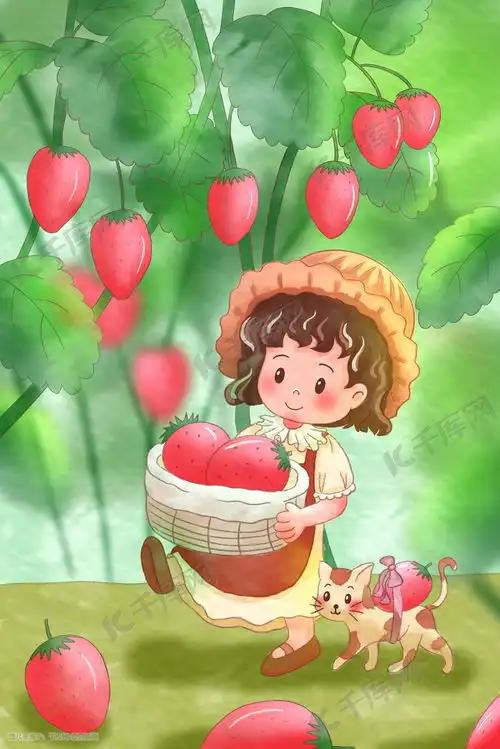 水彩场景女孩与猫摘草莓可爱治愈插画图片千库网
