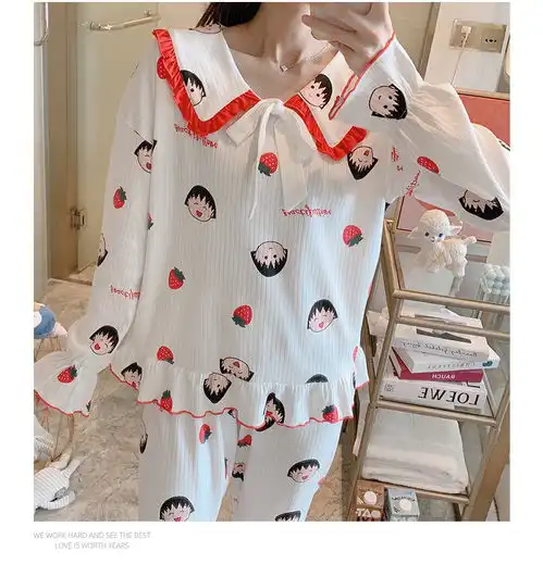 卡通纯棉睡衣女春秋长袖可爱日系少女学生韩版ins居家休闲两件套
