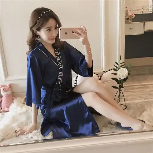 大码性感浴袍夏季睡裙薄字母和服家居服睡衣女春秋冰丝绸真丝睡袍
