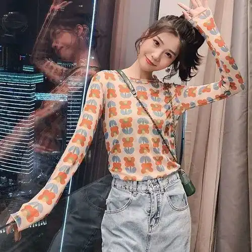 ins泫雅风少女网纱上衣夏修身显瘦百搭月亮薄款防晒长袖打底衫t恤
